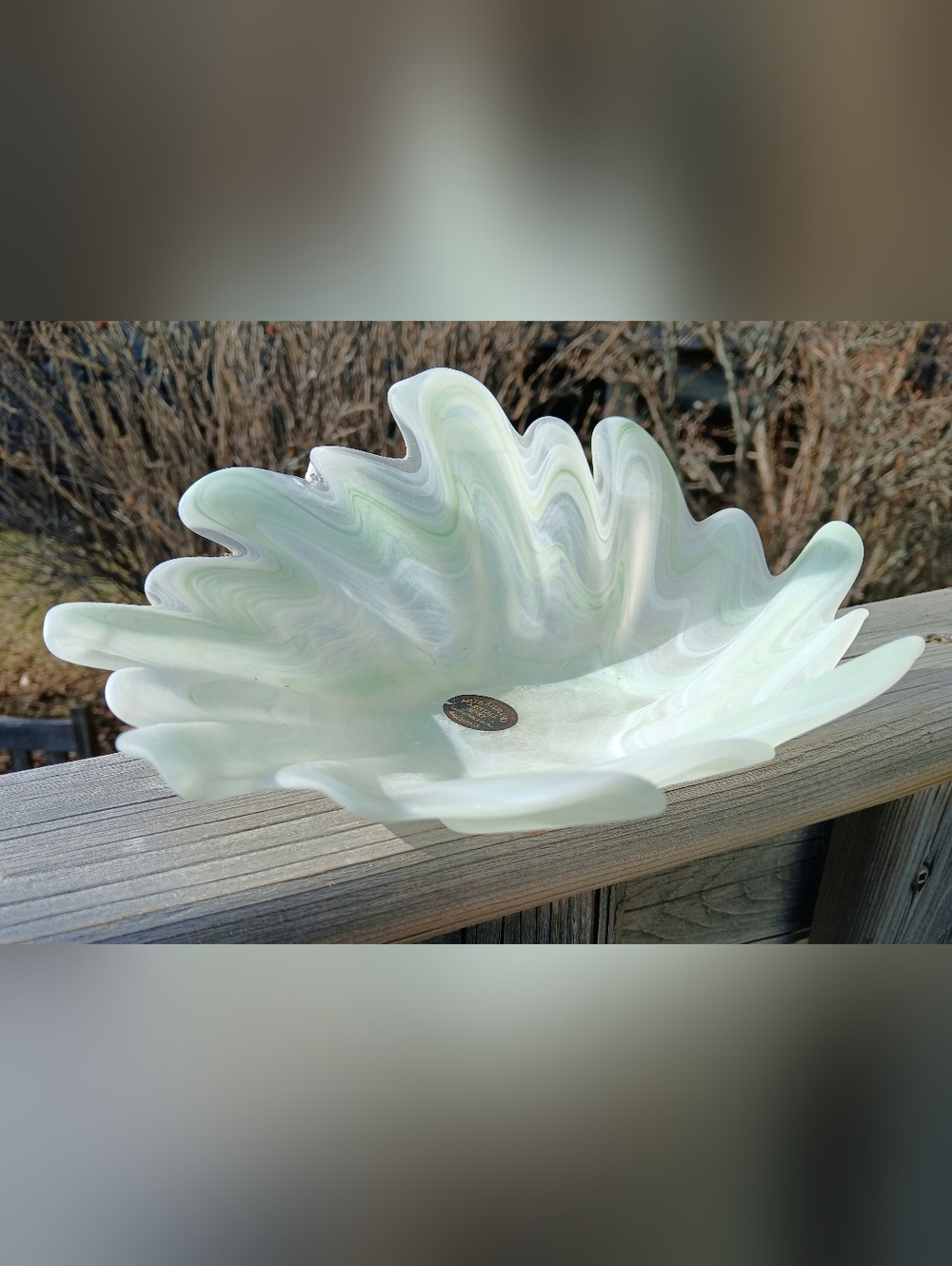 Art Glass Wave Bowl in Swirled Pale Green and White